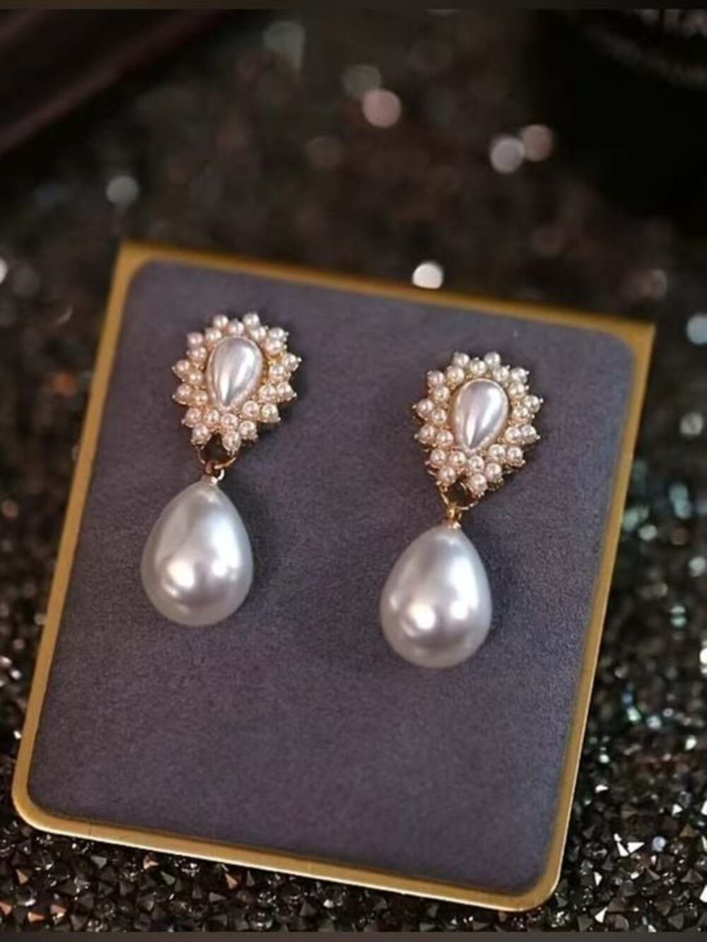 Gold Pearl Teardrop Halo Earrings - White Pearl - Picture 2 of 5